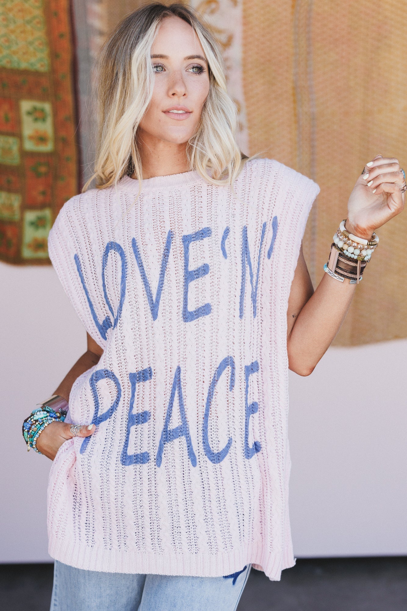 Love Peace Graphic Knit Top - Pink