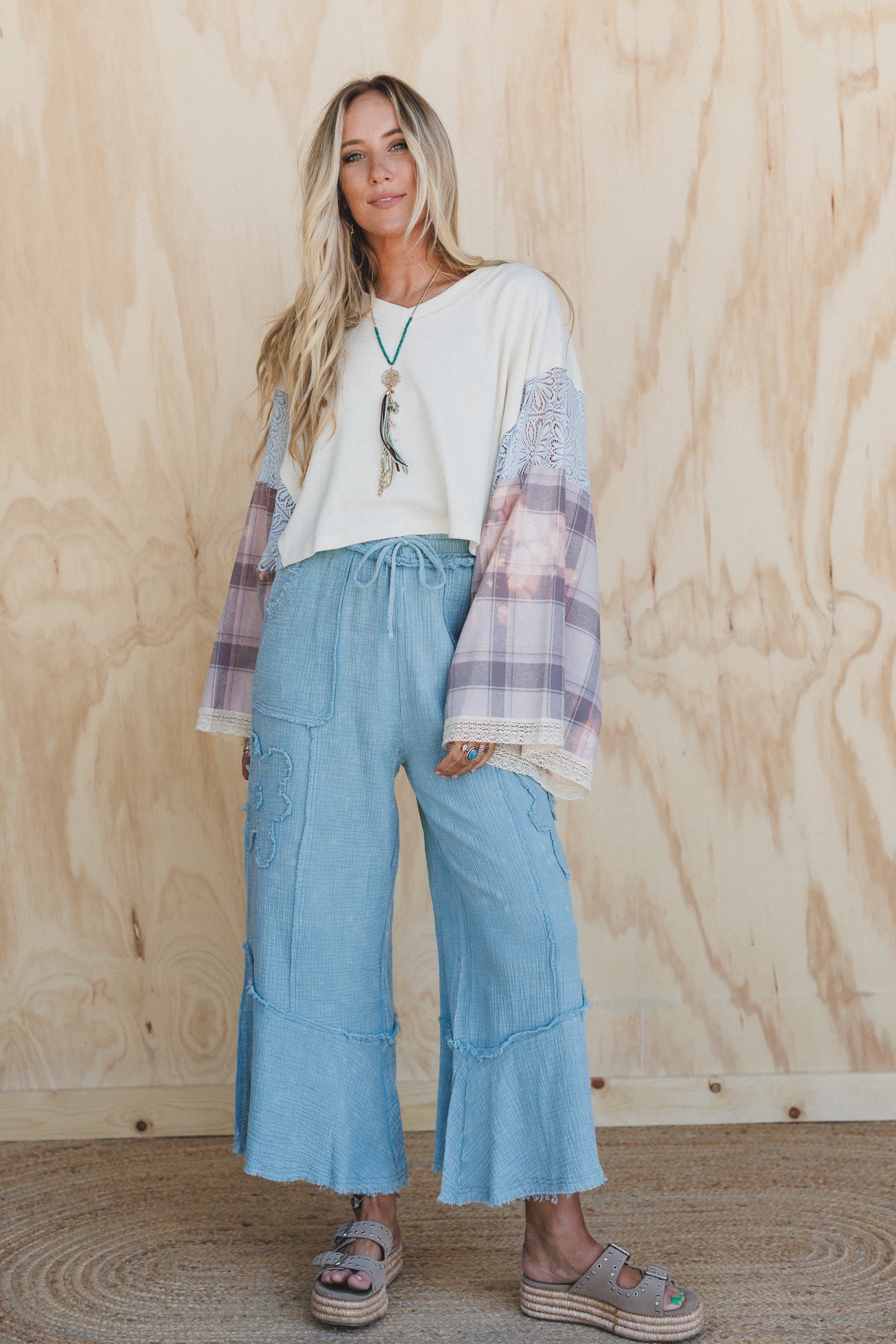 Rustic Bloom Floral Patchwork Pants - Blue