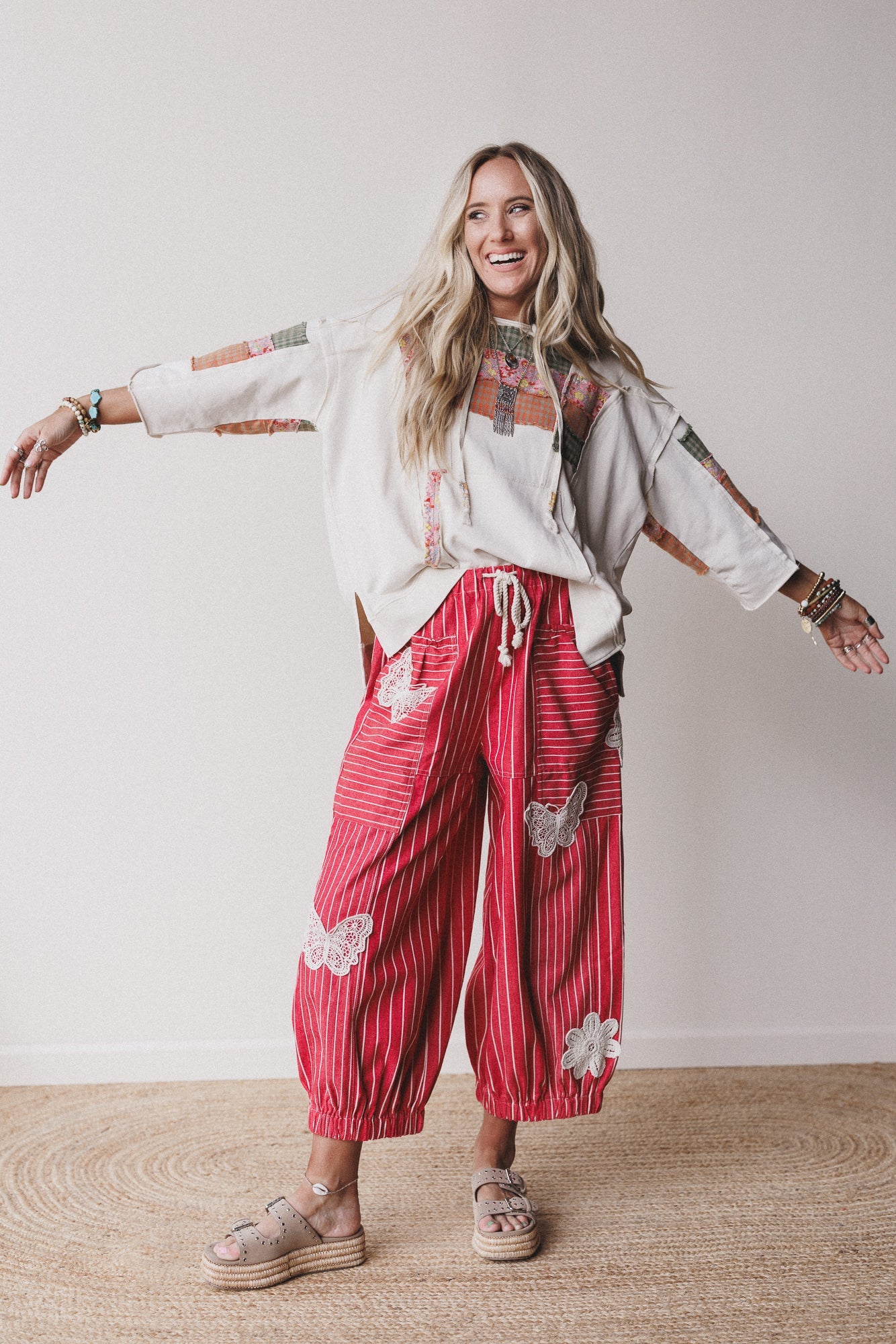 Winged Wanderer Patchwork Barrel Pants - Red