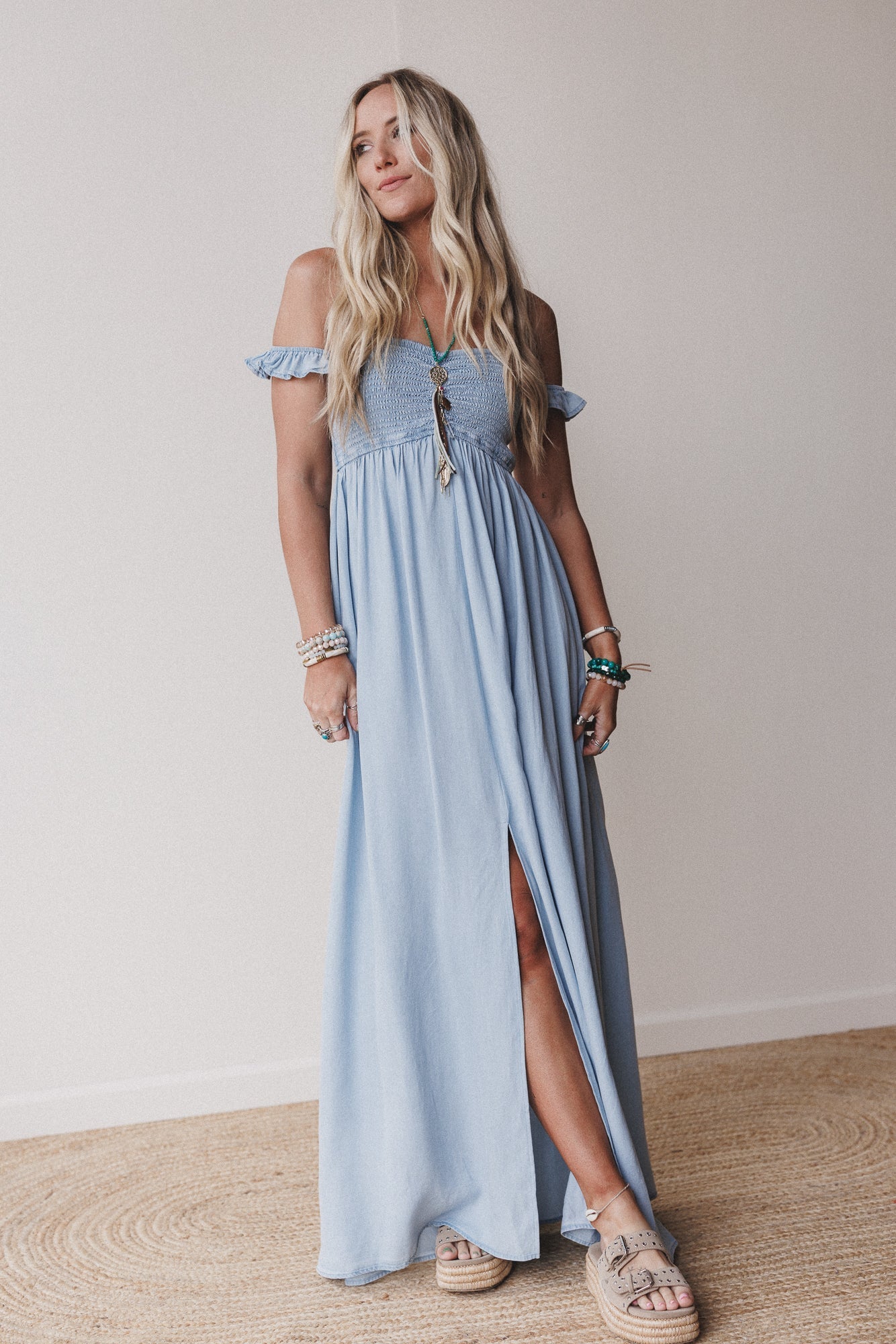 Prairie Sky Smocked Maxi Dress - Blue