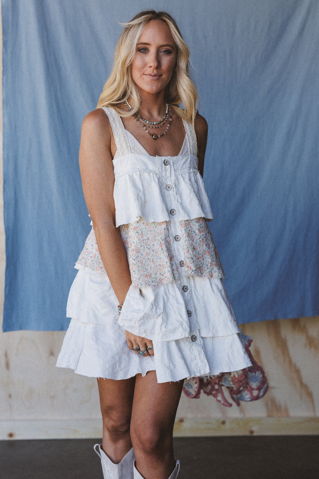 Rosette Layered Denim Dress - Ivory
