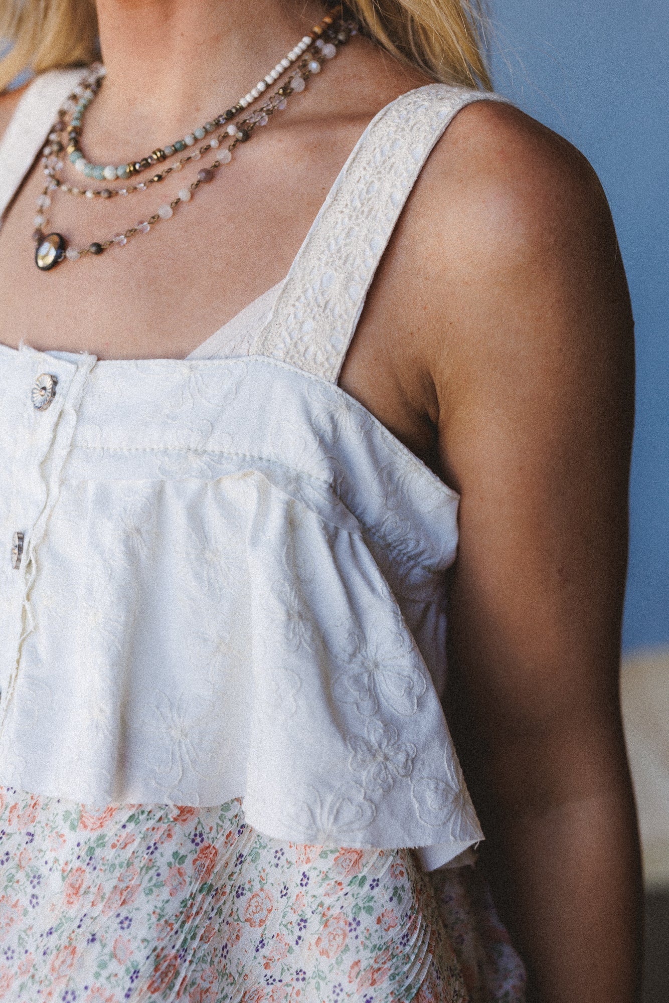 Rosette Layered Denim Dress - Ivory