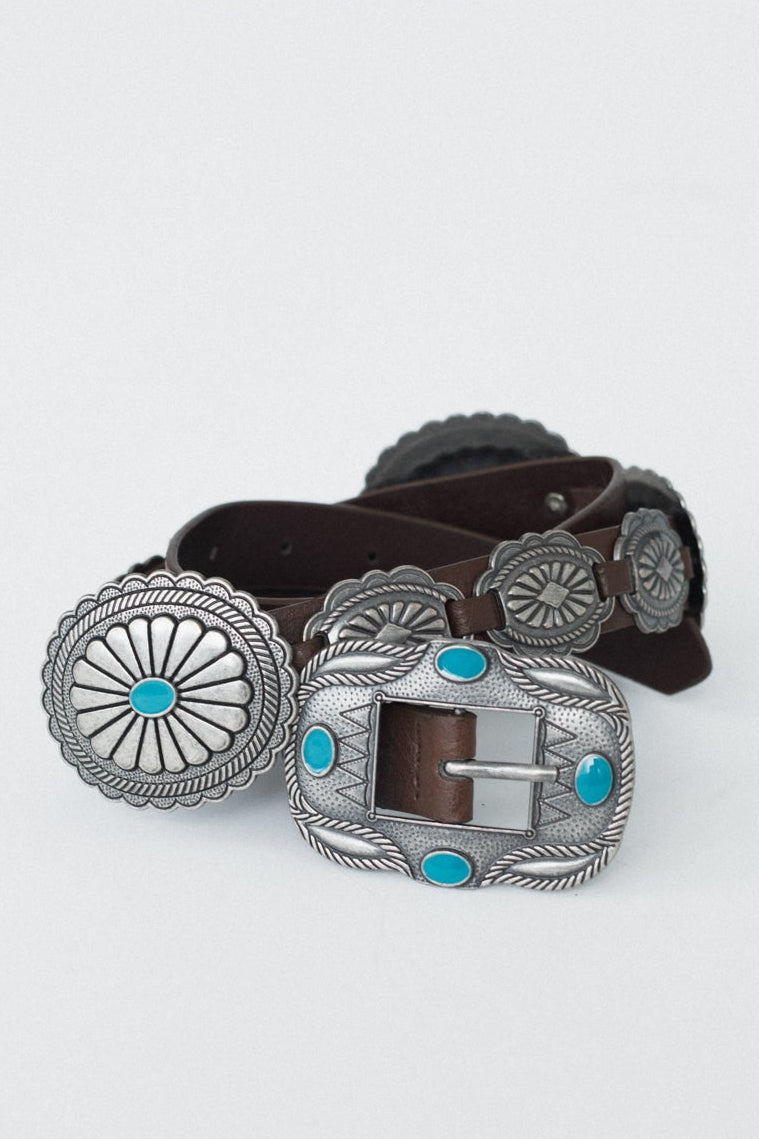 Austin Turquoise Concho Belt - Brown