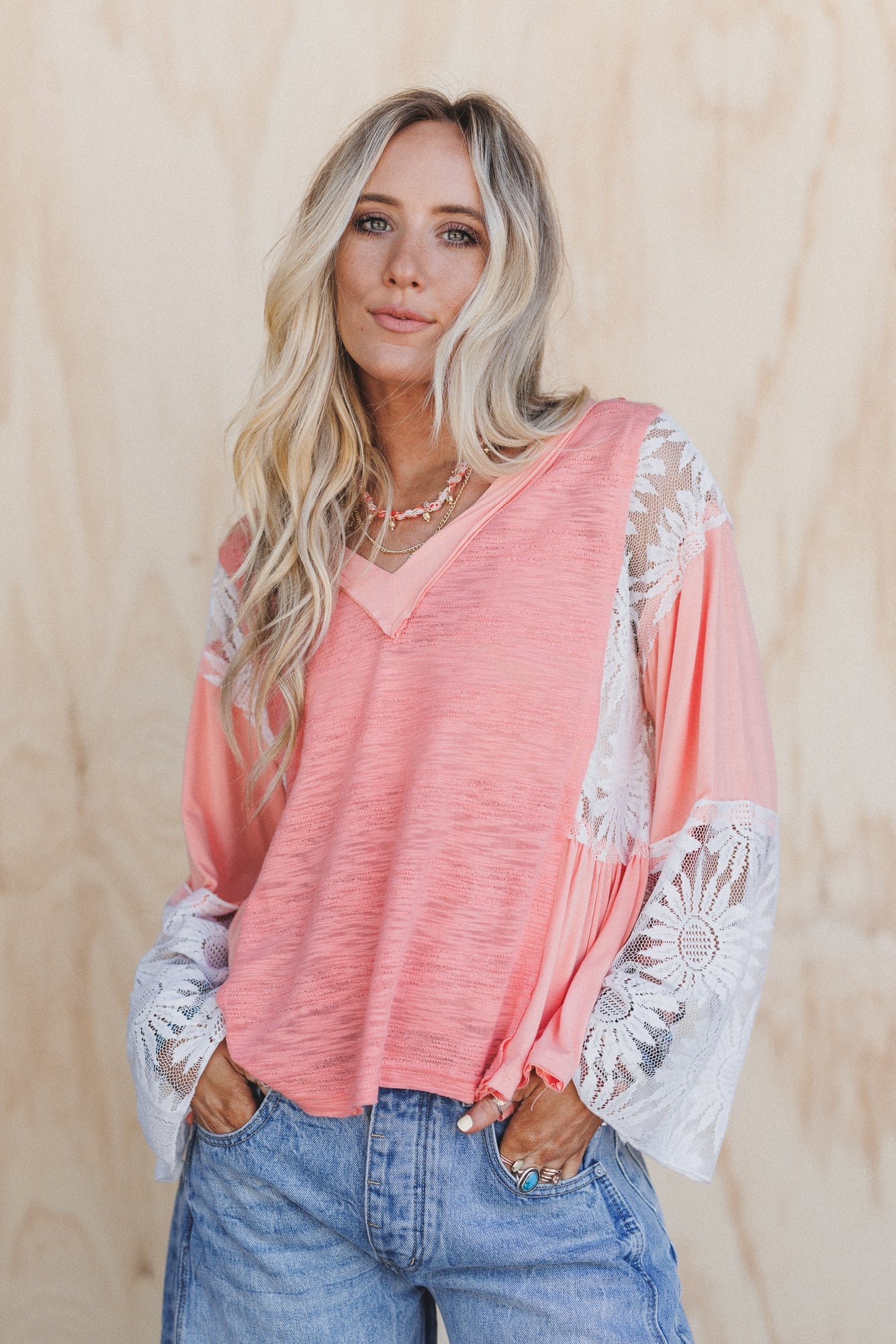Soft Bloom Lace Flare Top - Coral