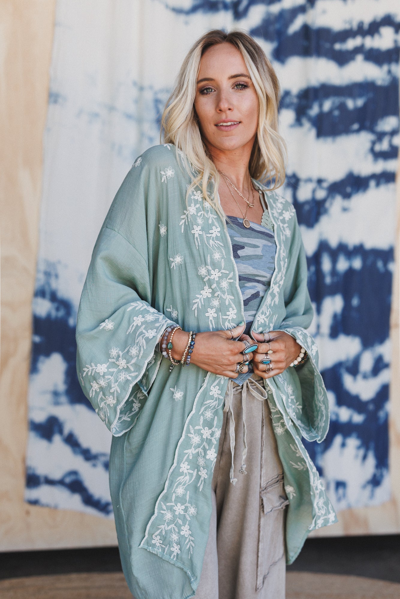 Flower Crowns Embroidered Kimono - Sage