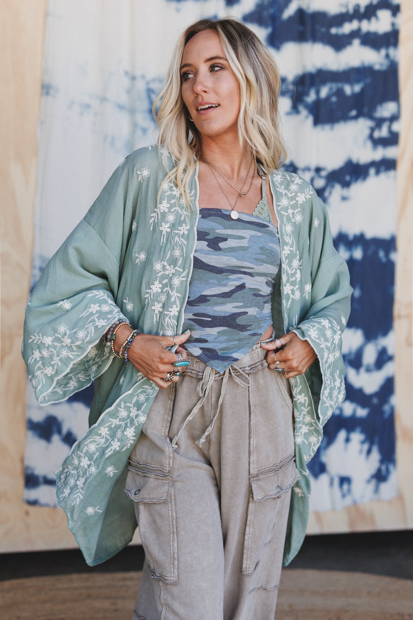 Flower Crowns Embroidered Kimono - Sage