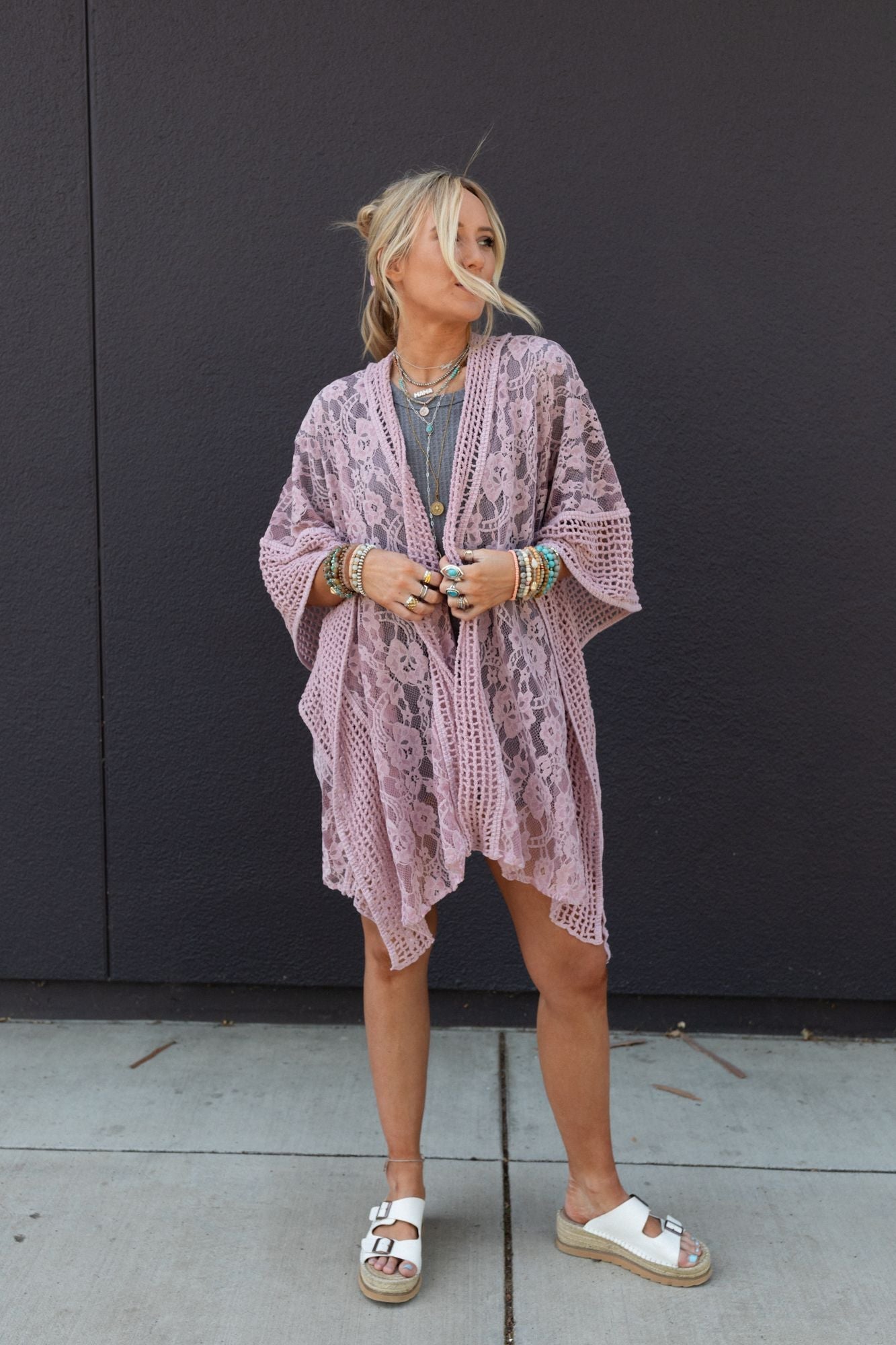 Breezy Floral Lace Kimono - Rose