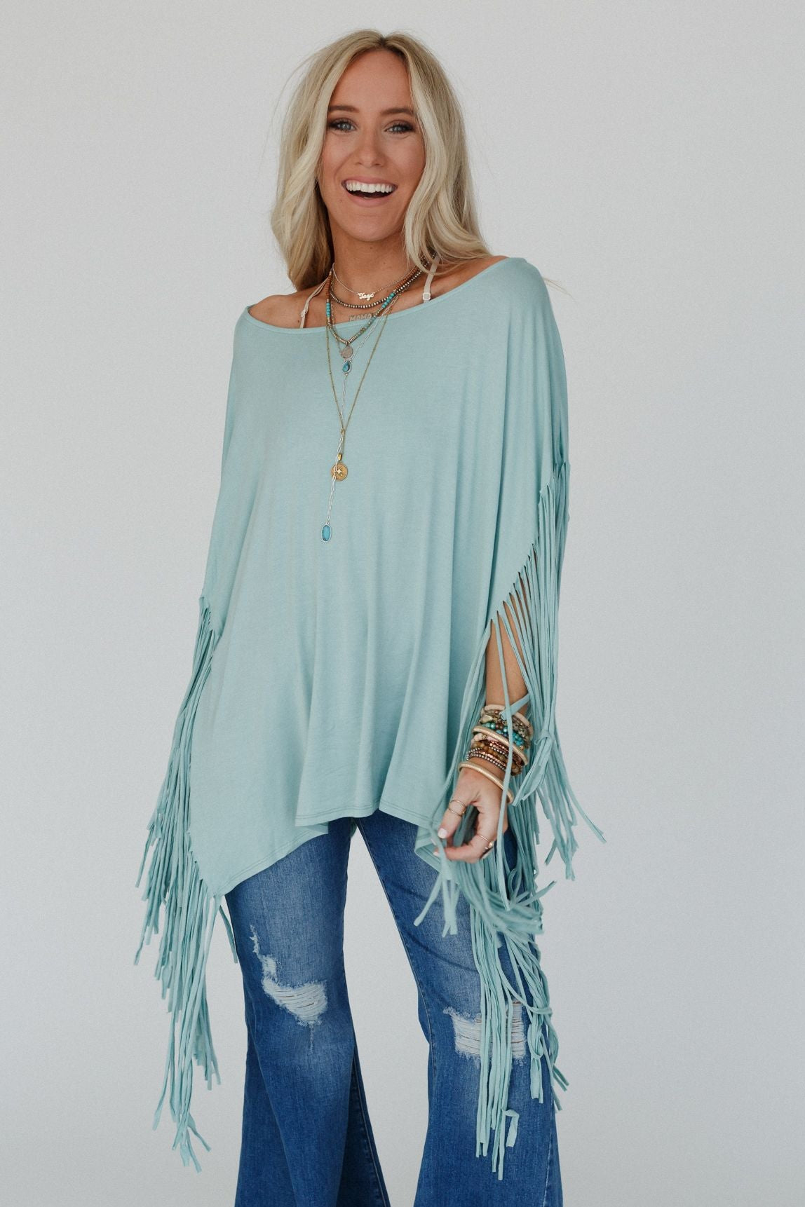 The Nest Showstopper Fringe Top - Washed Seafoam
