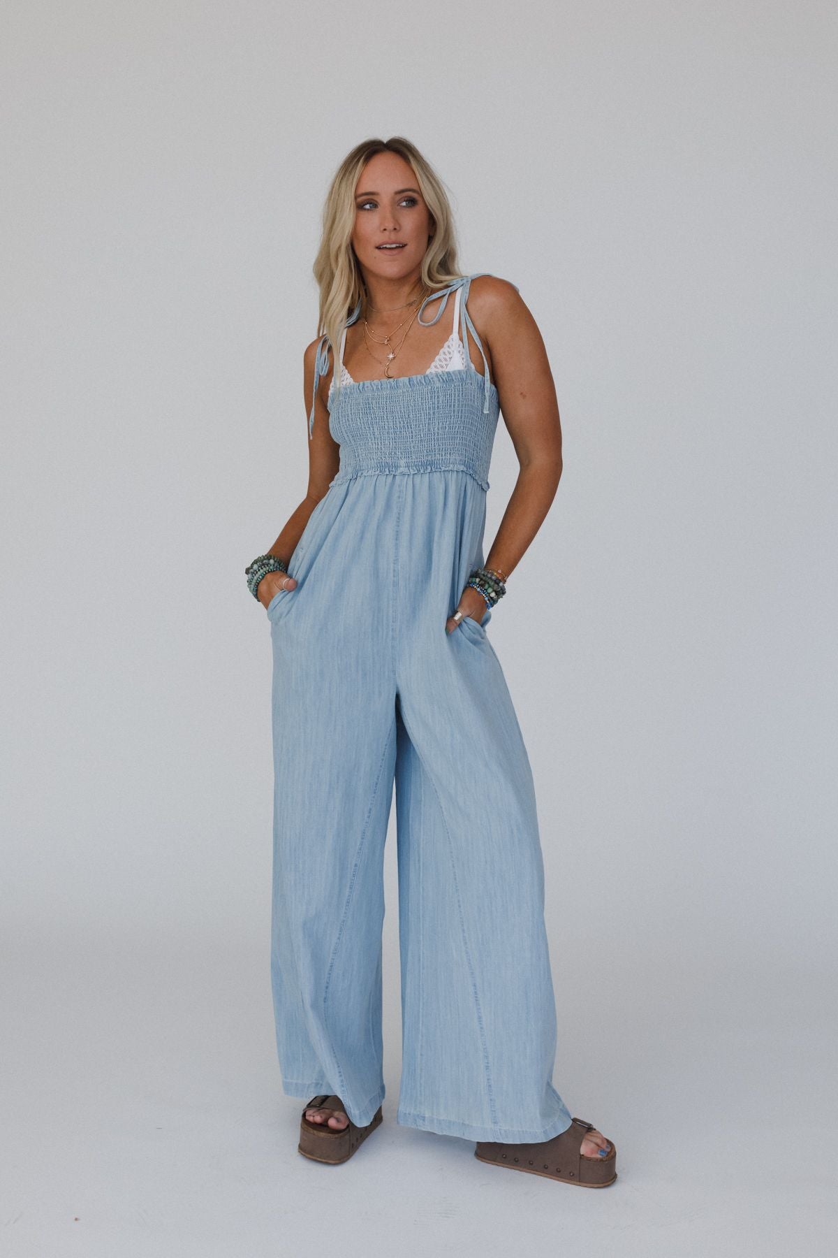 The Nest Last Call Smocked Jumpsuit - Light Wash