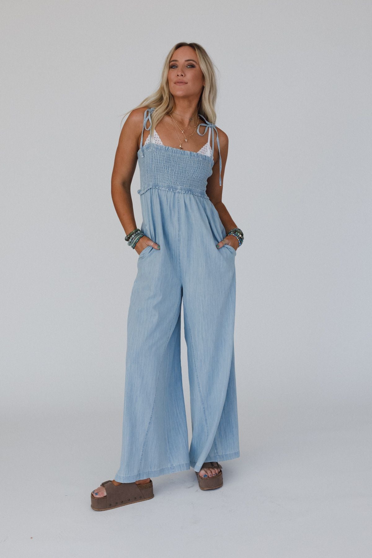 The Nest Last Call Smocked Jumpsuit - Light Wash