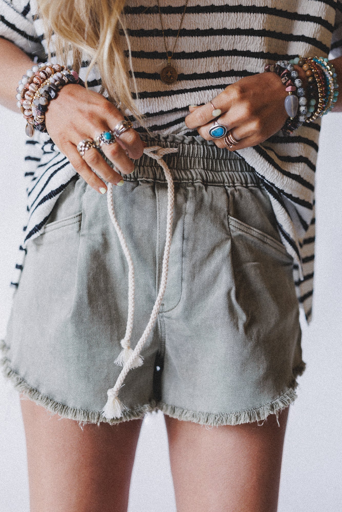 Open Sunroof Frayed Denim Shorts - Olive