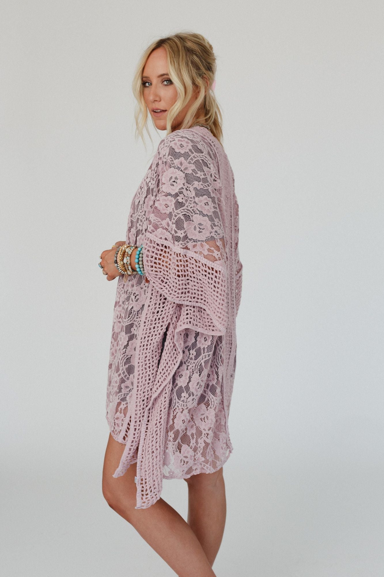 Breezy Floral Lace Kimono - Rose