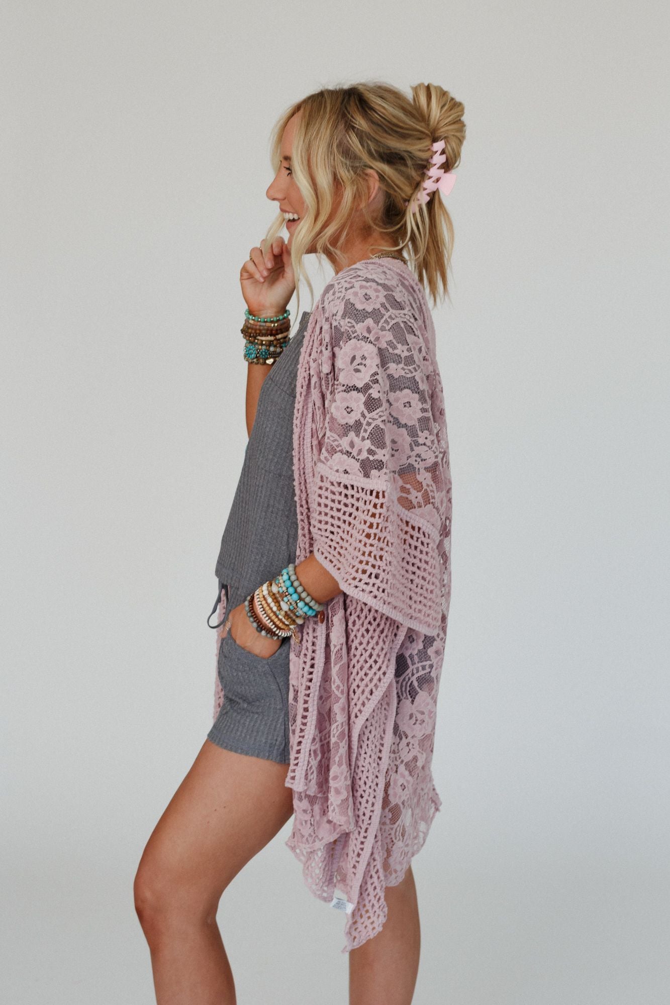 Breezy Floral Lace Kimono - Rose