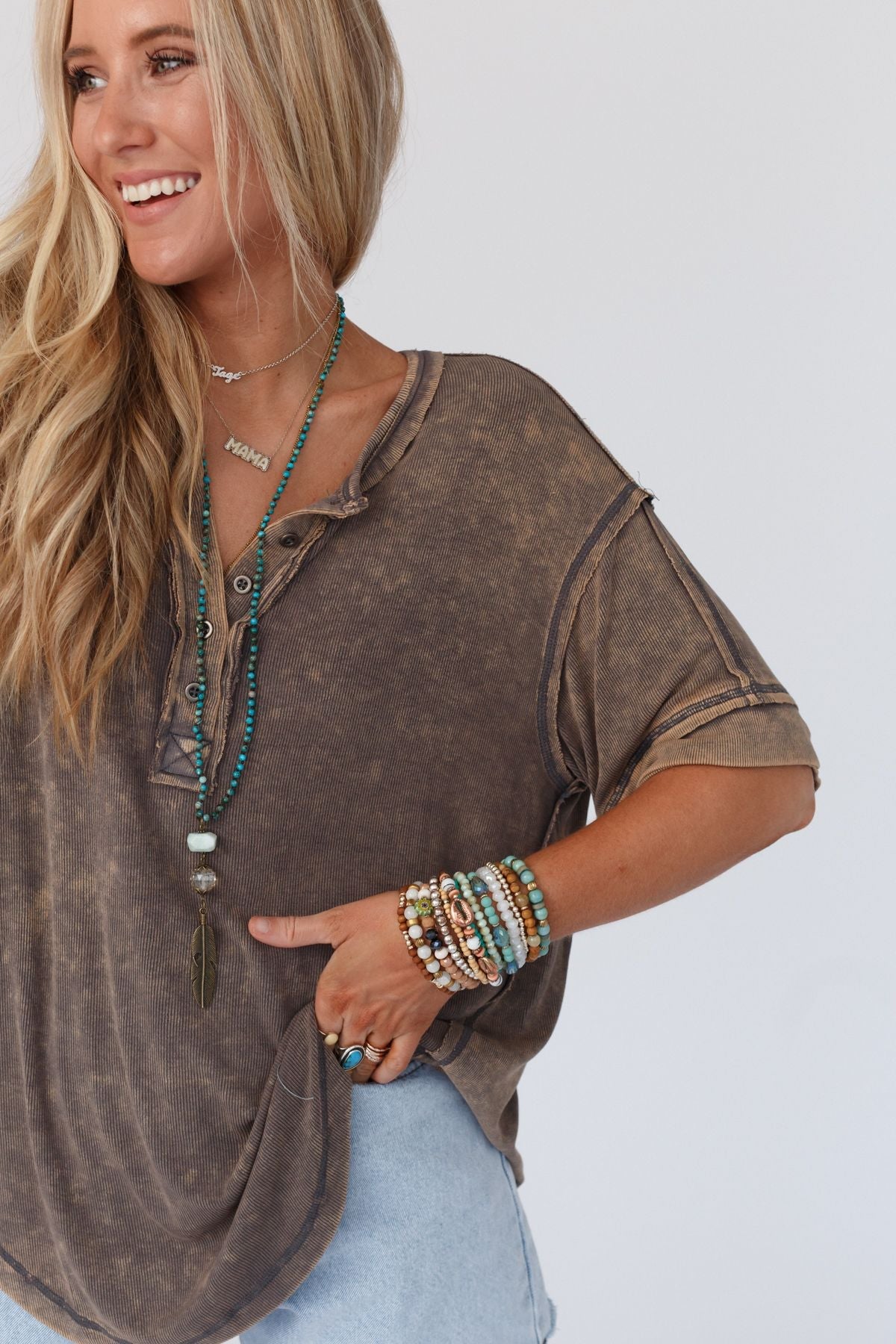 Time Flies Round Hem Top - Gray Brown