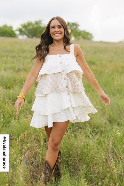 Rosette Layered Denim Dress - Ivory