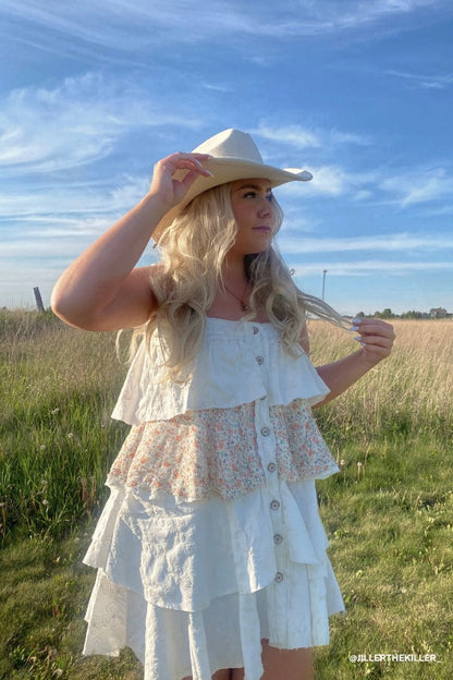 Rosette Layered Denim Dress - Ivory