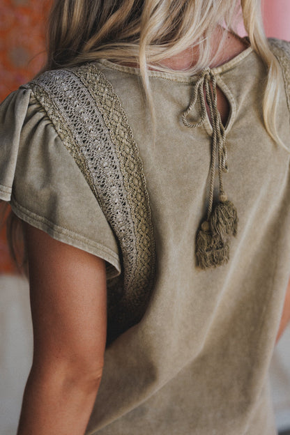 Tulum Tides Crochet Trim Top - Olive