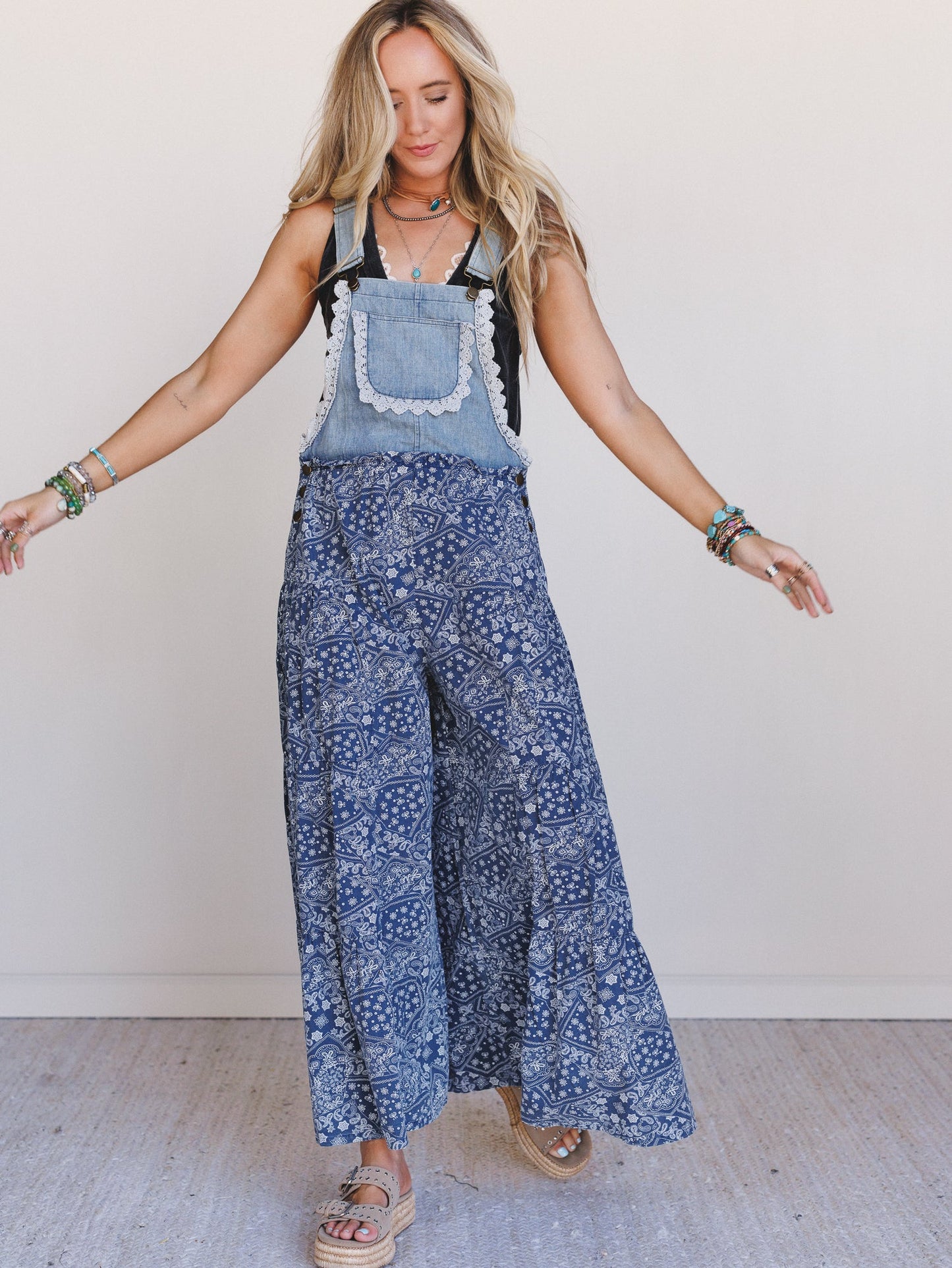 Sunset Paisley Tiered Overalls - Denim