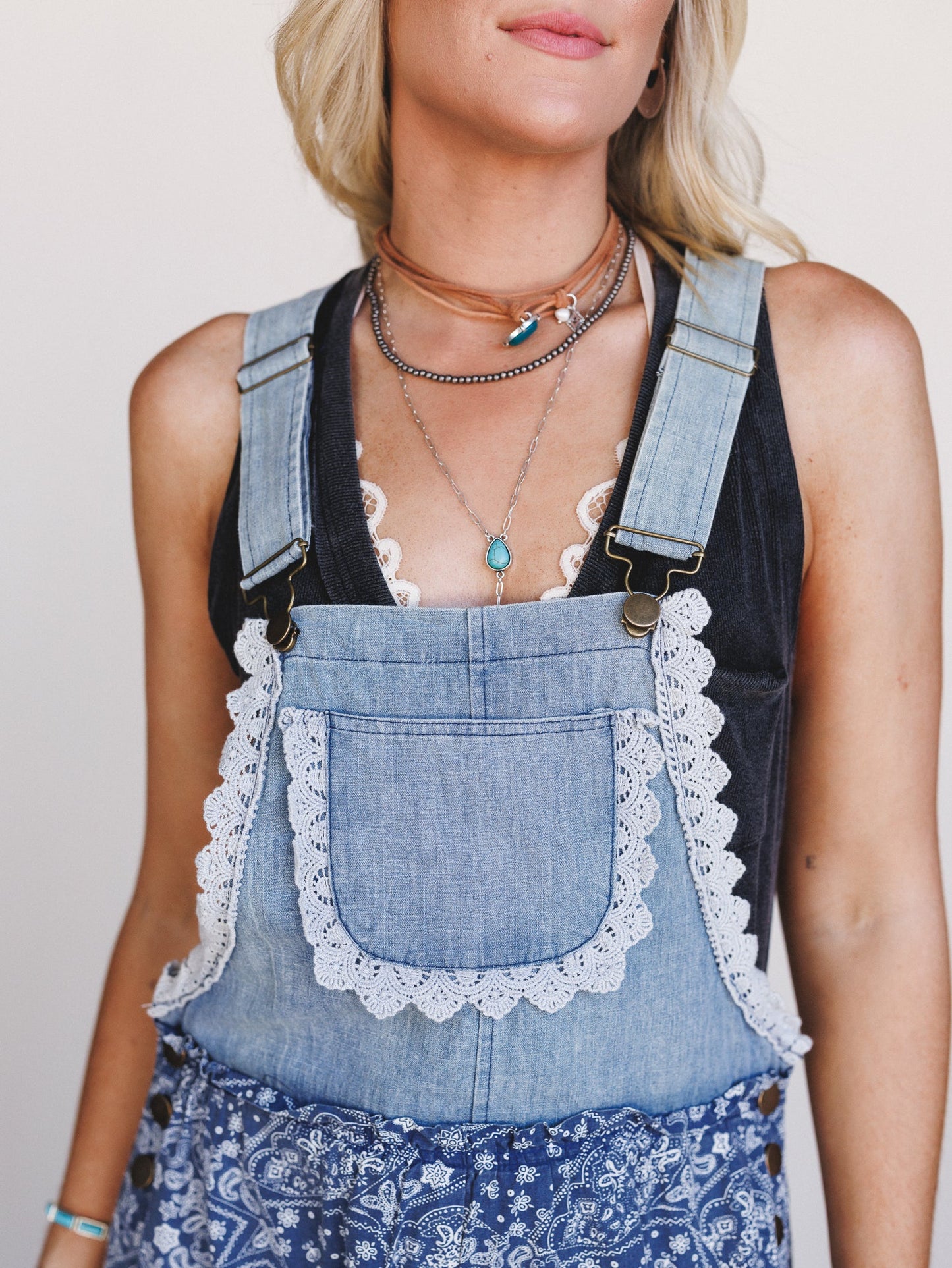 Sunset Paisley Tiered Overalls - Denim