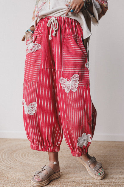 Winged Wanderer Patchwork Barrel Pants - Red