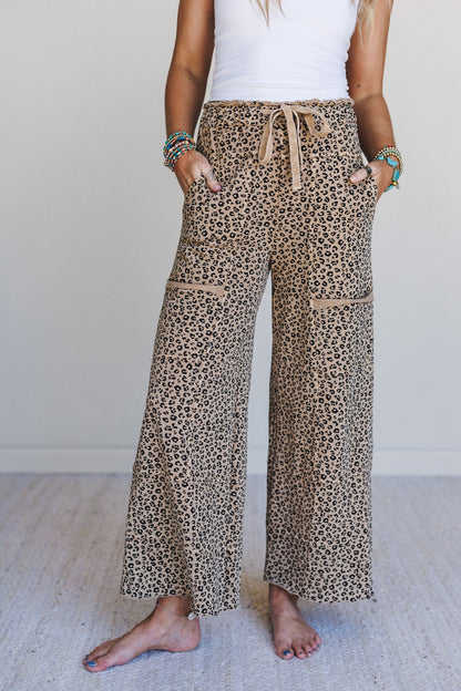 Lucky One Animal Print Wide Leg Pants - Camel