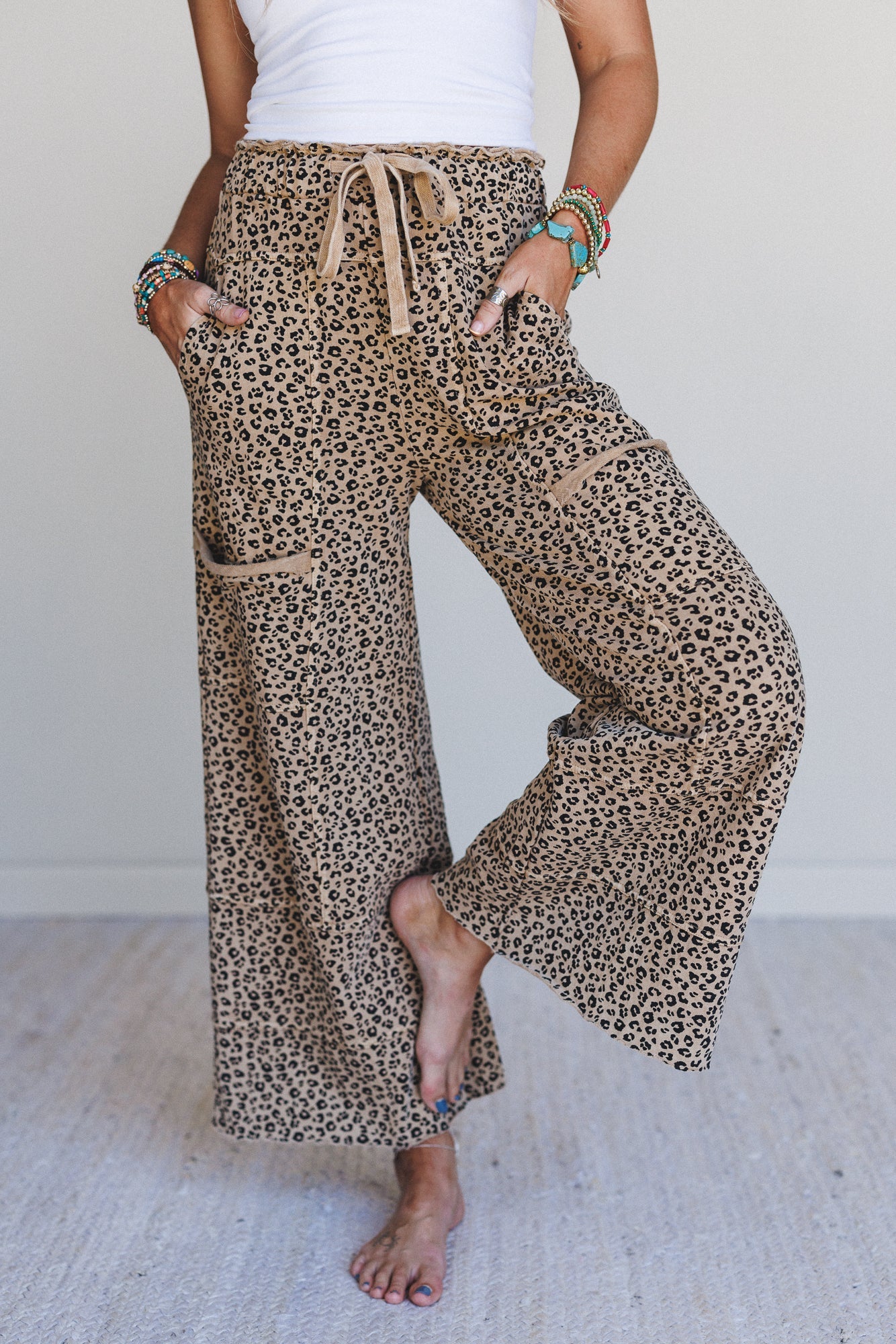 Lucky One Animal Print Wide Leg Pants - Camel
