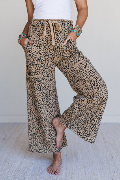 Lucky One Animal Print Wide Leg Pants - Camel