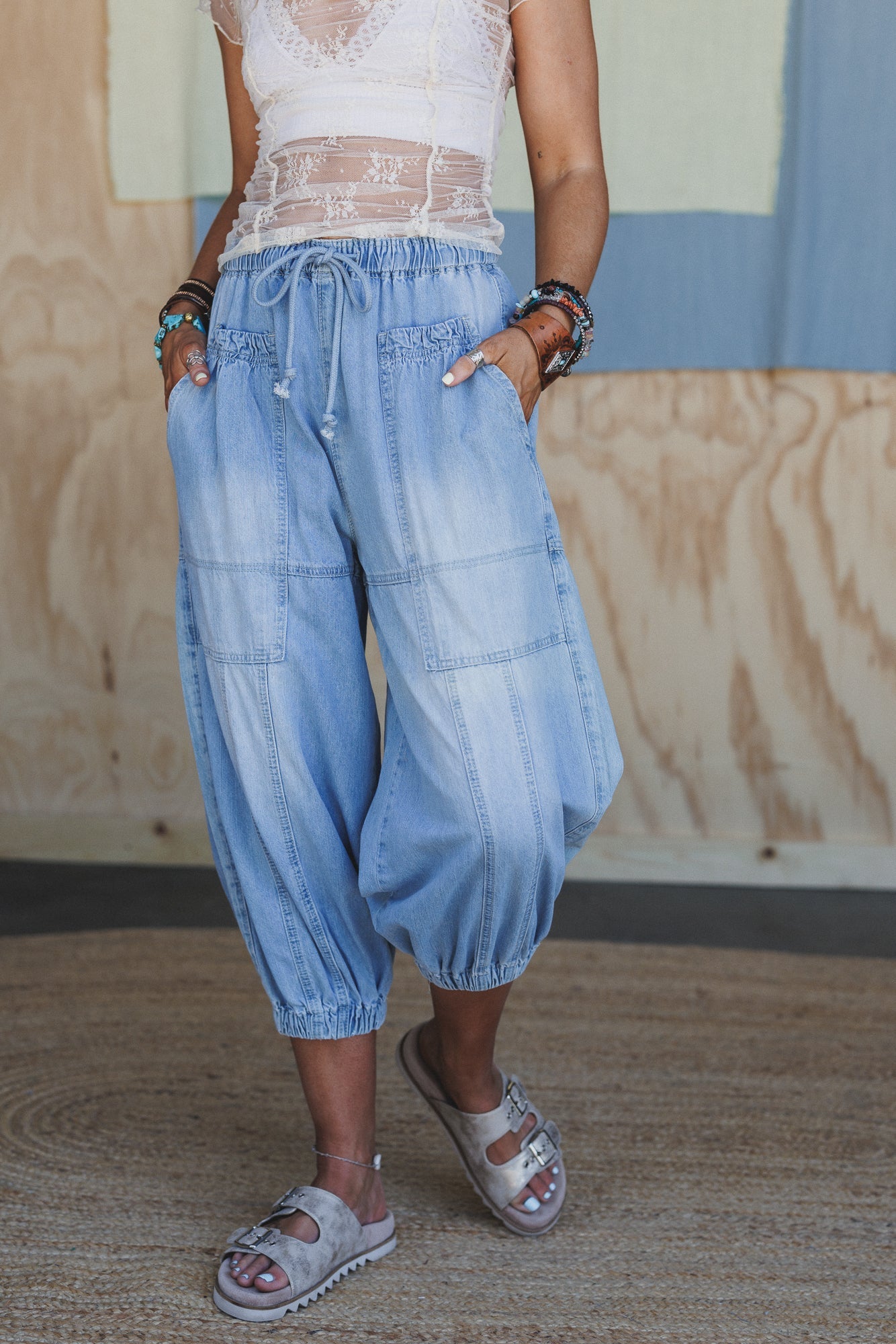 Worn Wild Cinched Denim Pants - Washed Denim