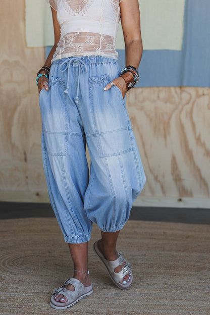 Worn Wild Cinched Denim Pants - Washed Denim