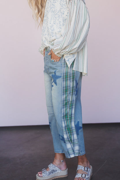 Galaxy Plaid Mix Barrel Jeans - Washed Denim