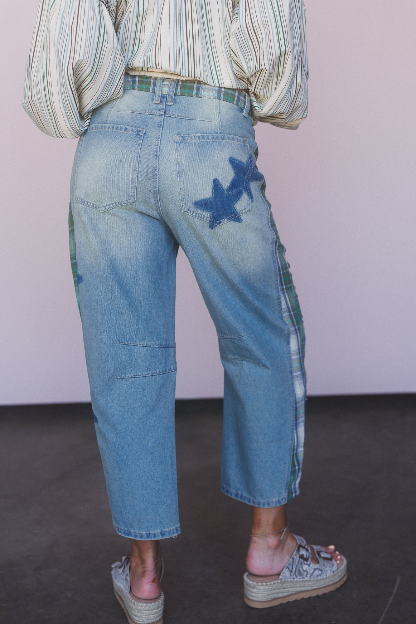 Galaxy Plaid Mix Barrel Jeans - Washed Denim