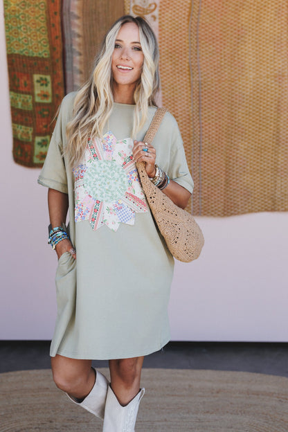 Purely Me Patchwork Tee Dress - Sage