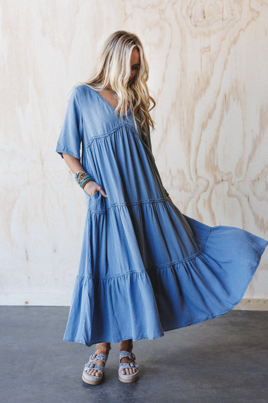 Fiona Tiered Maxi Dress - Light Denim
