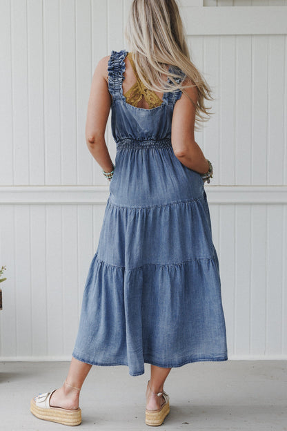 Swing By Tiered Maxi Dress - Washed Denim