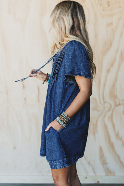 Getaway Pleated Denim Dress - Washed Denim