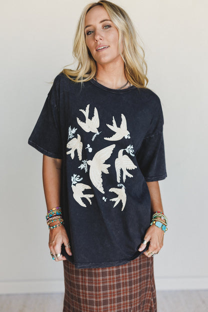 Doves Fly Graphic Tee - Charcoal