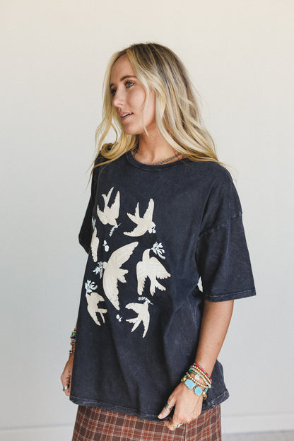 Doves Fly Graphic Tee - Charcoal