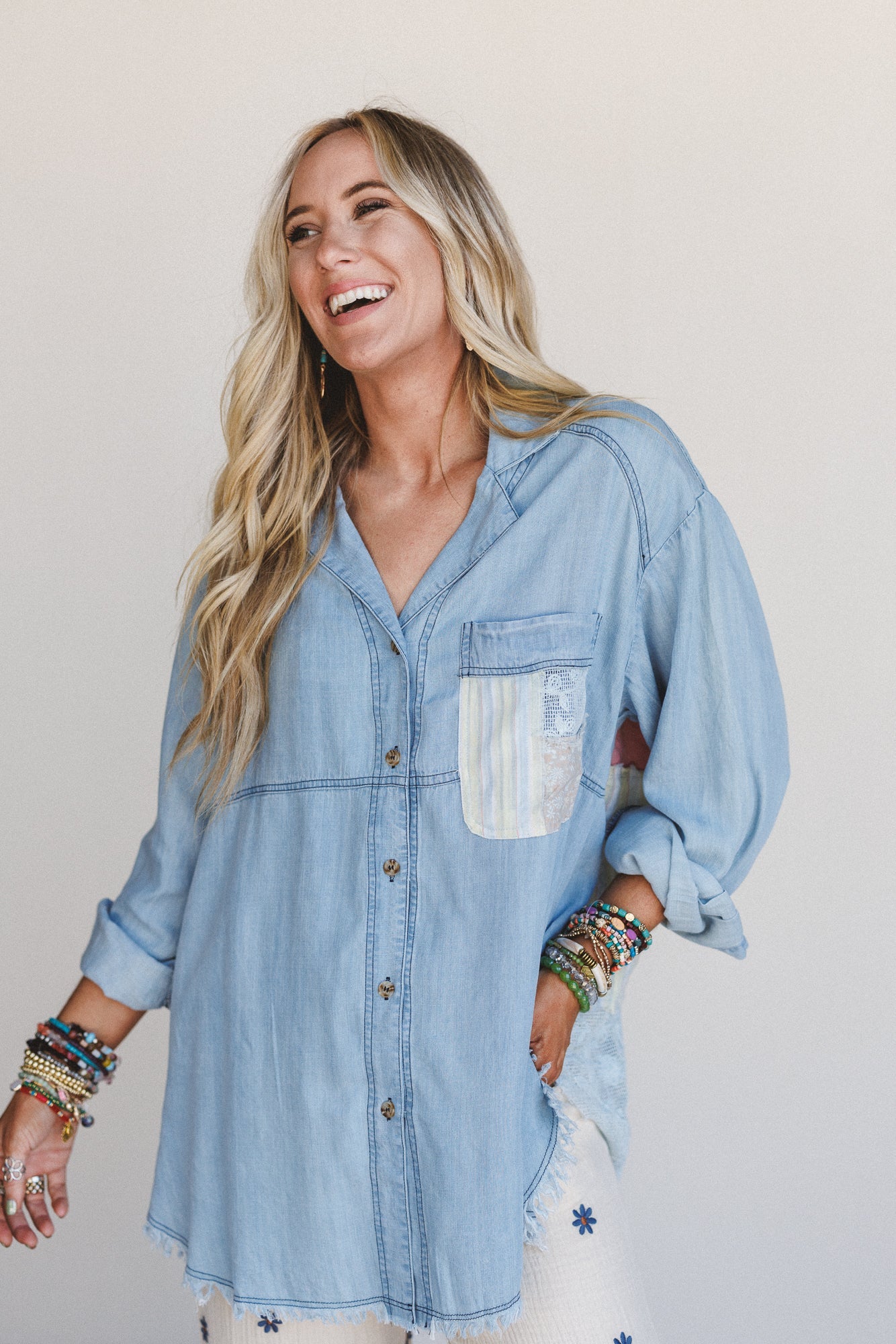 Dusty Bloom Button Up Top - Denim