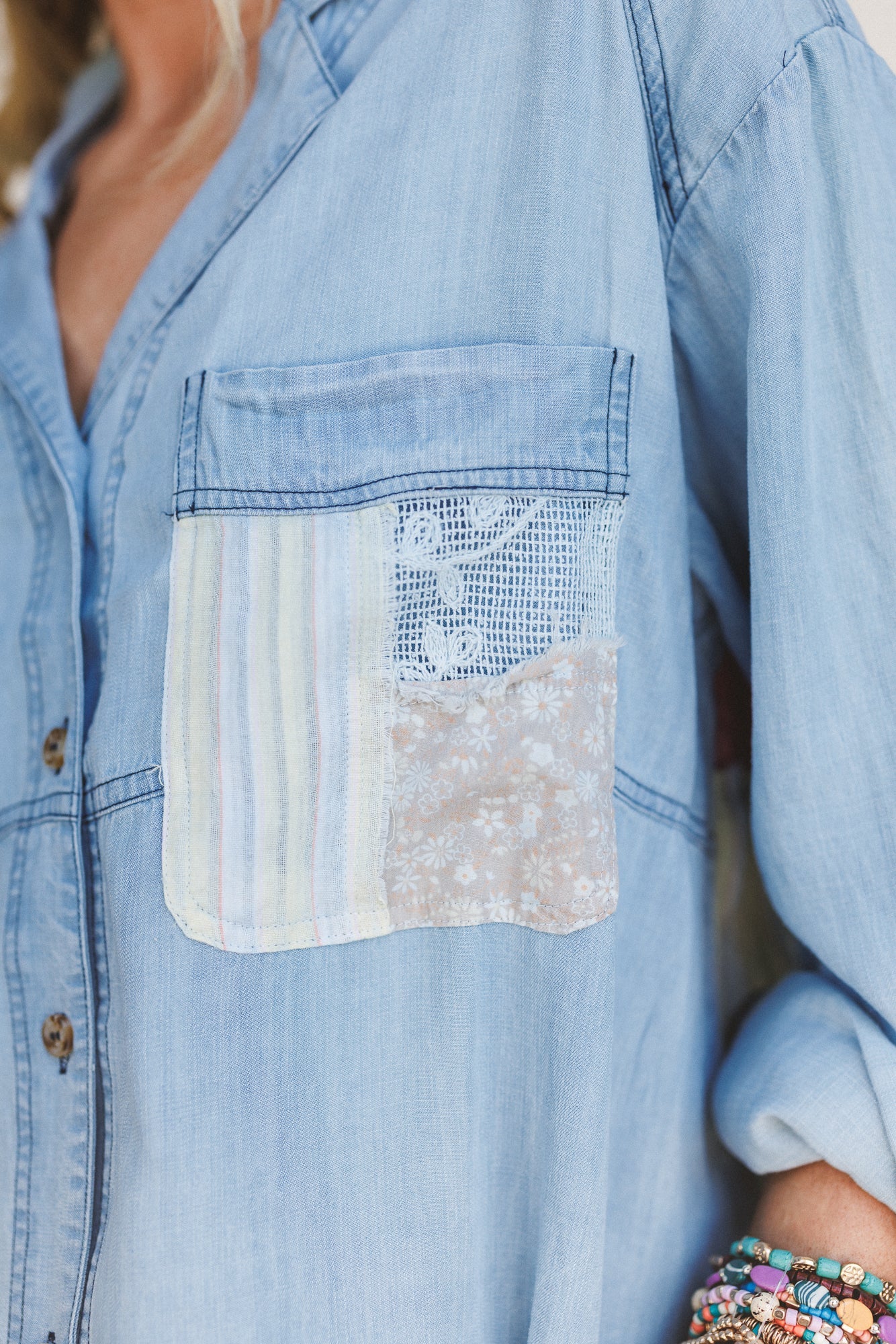 Dusty Bloom Button Up Top - Denim