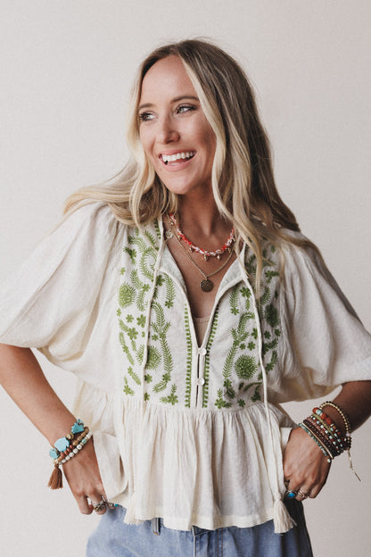 Louella Embroidered Peplum Top - Olive