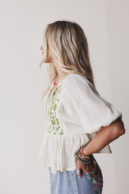 Louella Embroidered Peplum Top - Olive