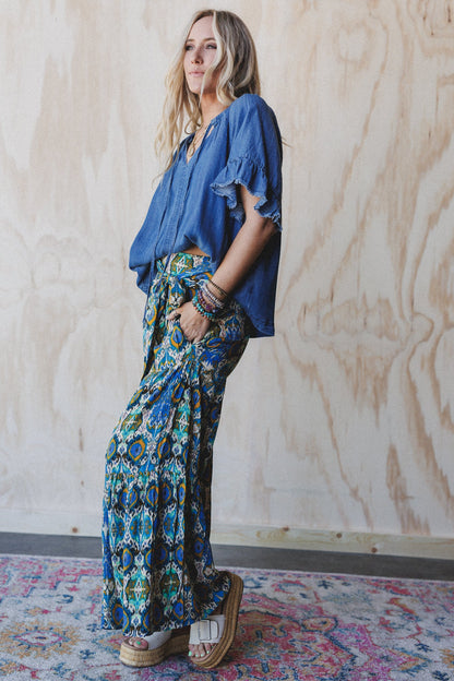 Hearts Aligned Ruffled Sleeve Top - Dark Denim