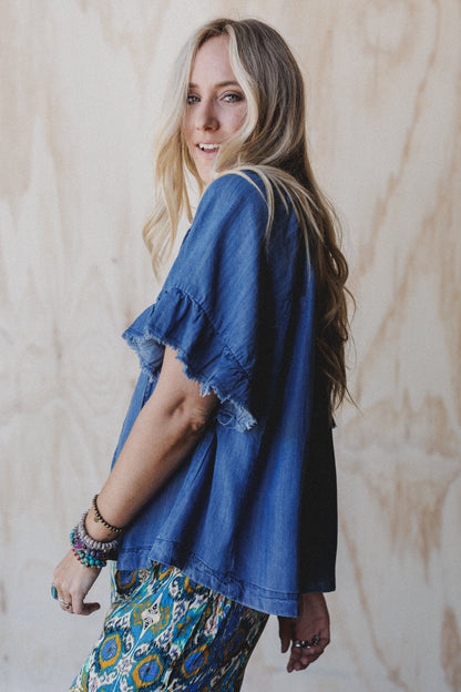 Hearts Aligned Ruffled Sleeve Top - Dark Denim