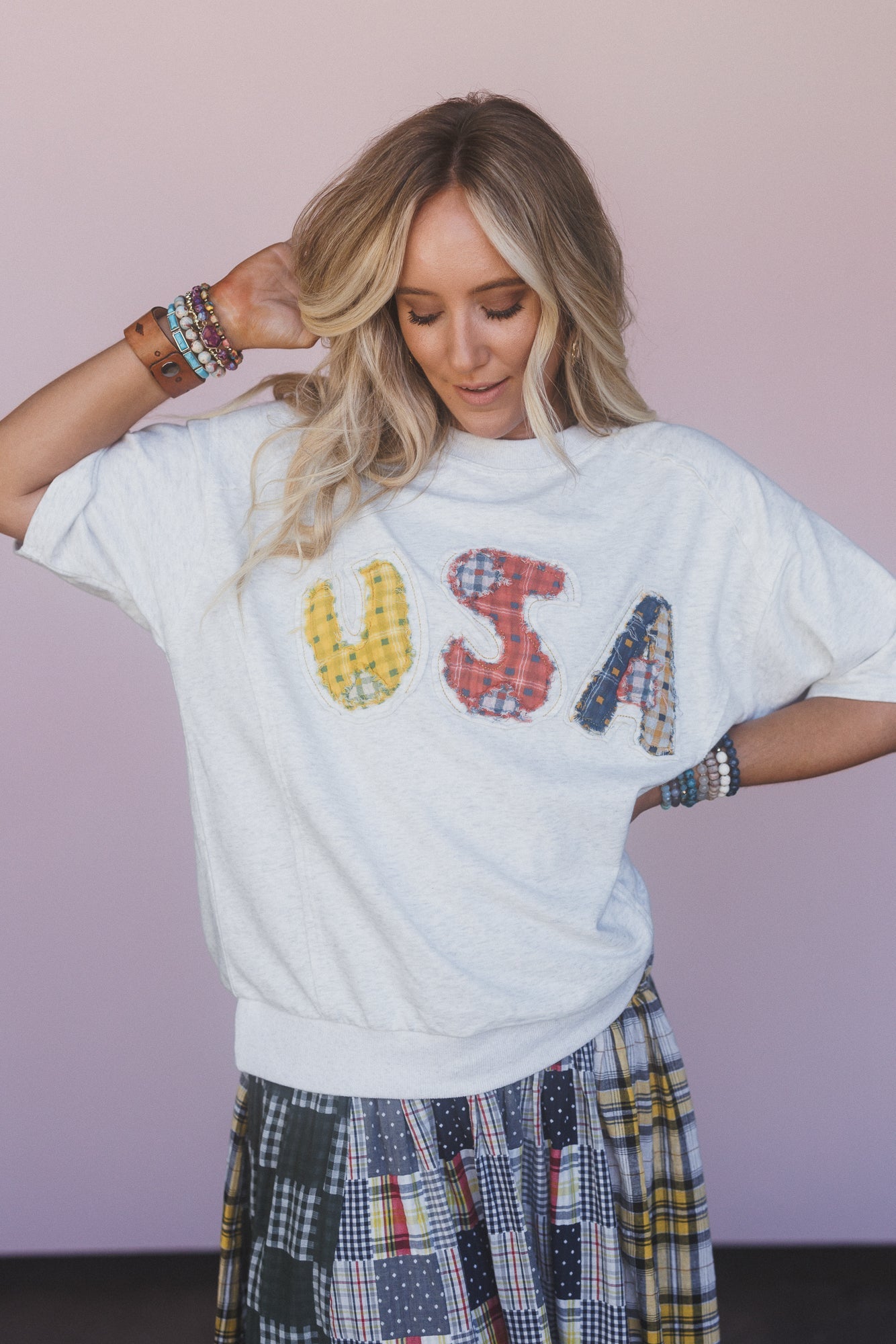 World Away USA Patchwork Top - Heather Gray