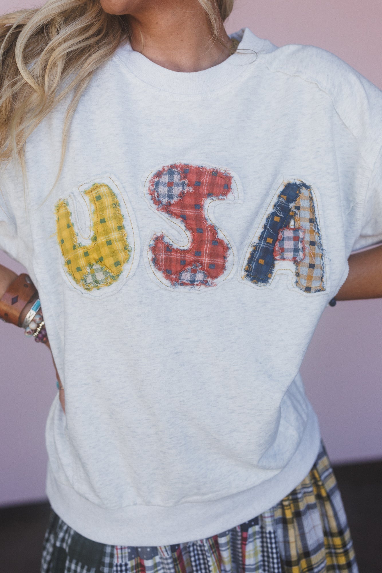 World Away USA Patchwork Top - Heather Gray