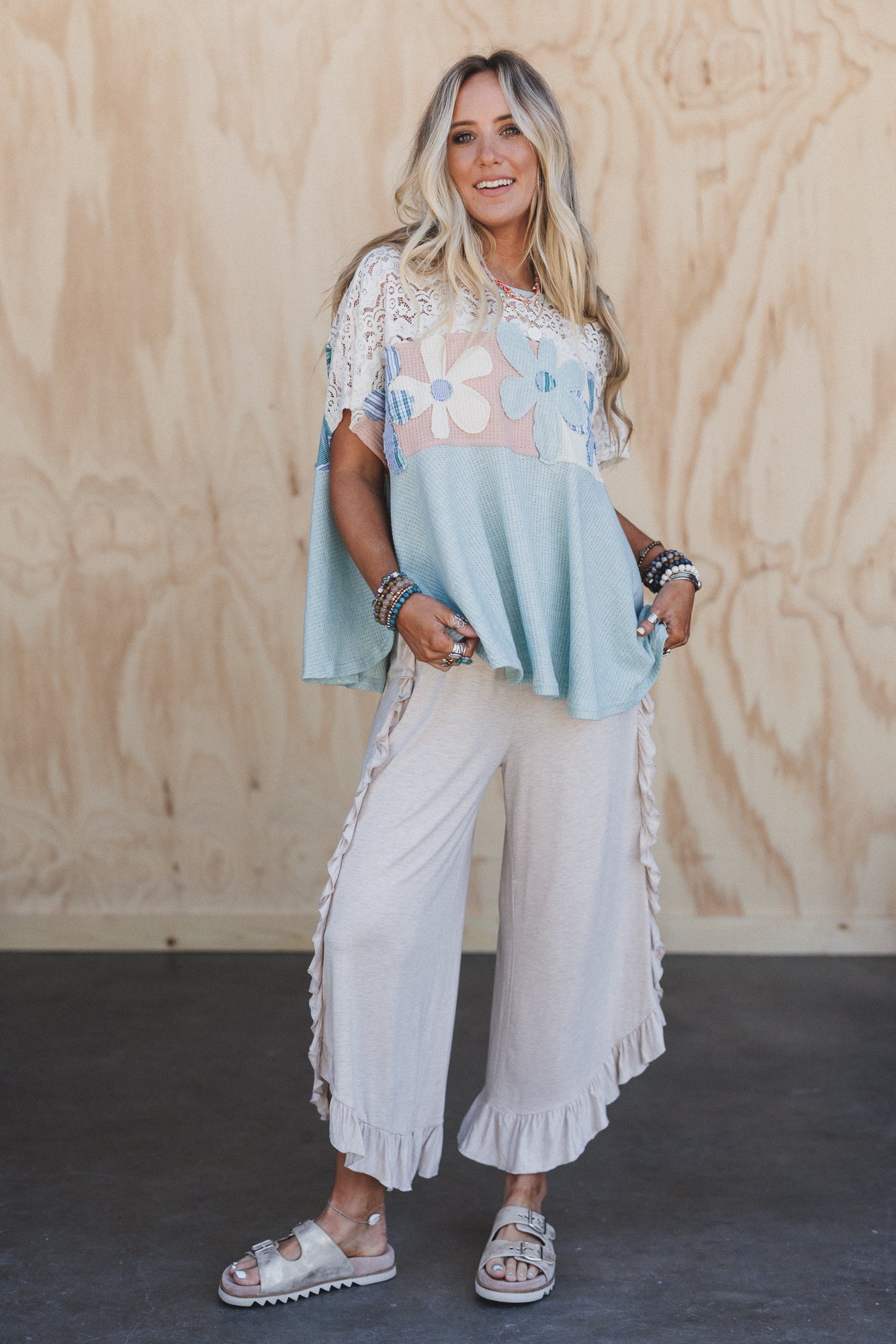 The Nest Saturdays Ruffle Wide Leg Pants - Oatmeal