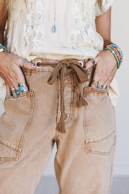 Elevated Eyelet Barrel Jeans - Rust