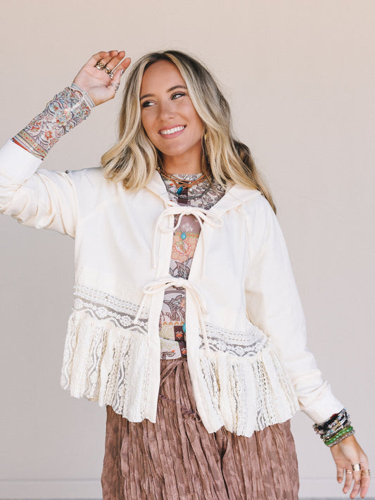 Charmed Heart Lace Hoodie Top - Cream