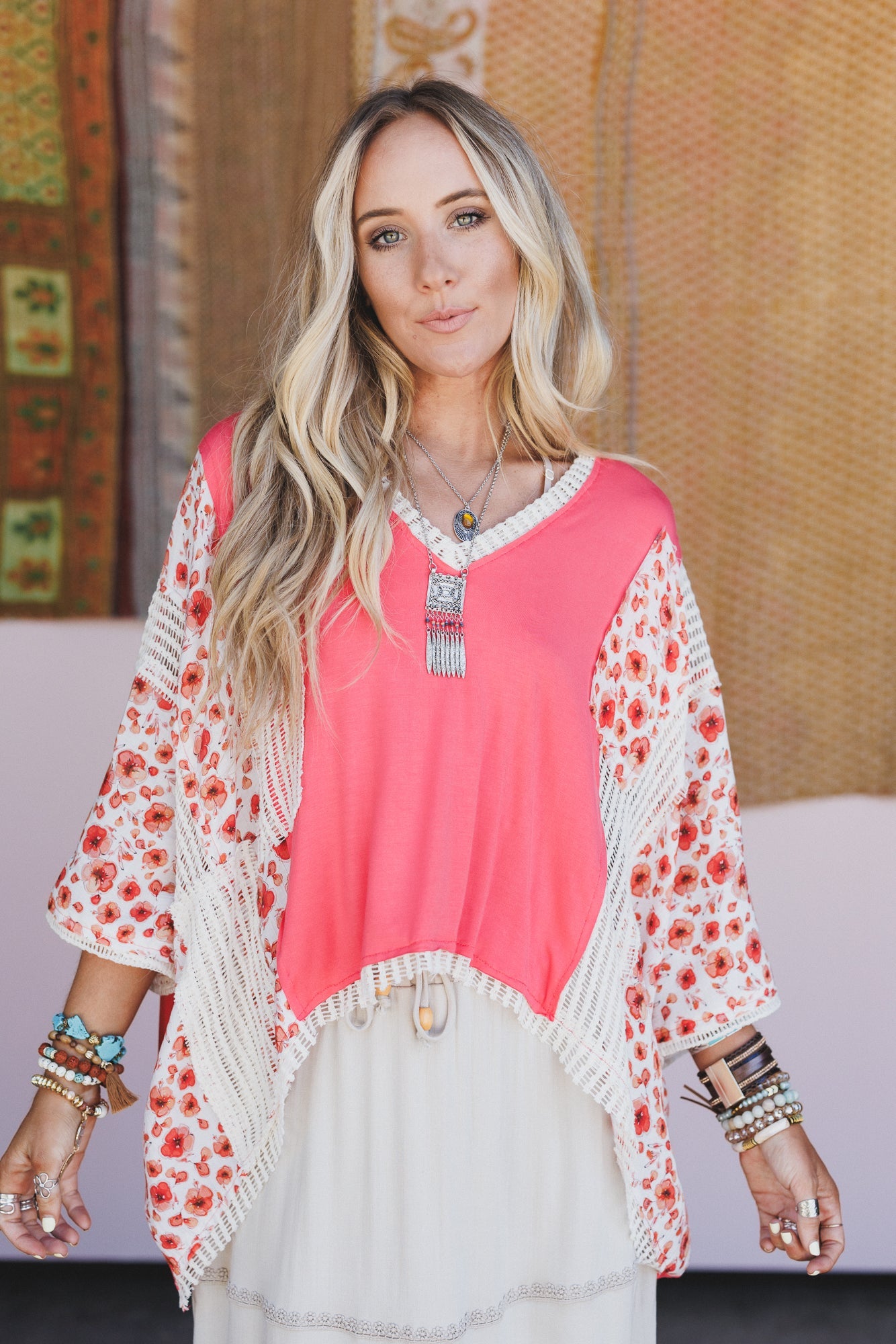 Floral Coast V Neck Top - Peach