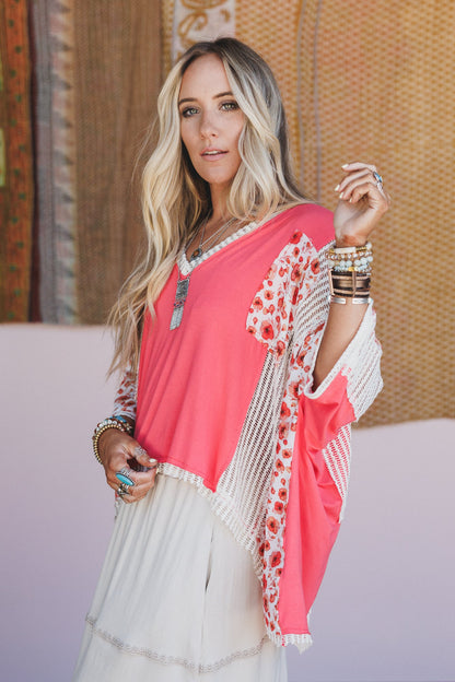 Floral Coast V Neck Top - Peach